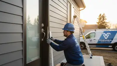 Technician repairing residential door frame with vinyl siding in Brooklyn, NY exterior home service