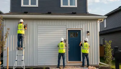 Technician repairing residential door frame with vinyl siding finish in Brooklyn, NY