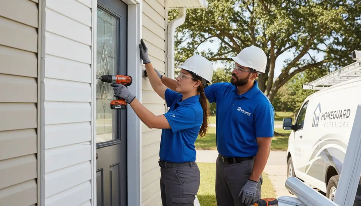 Technician repairing vinyl door frame in Brooklyn NY home exterior by Next Level Exteriors
