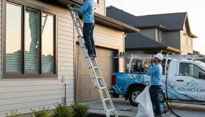 Technician cleaning residential gutters on vinyl-sided home in Brooklyn NY for Next Level Exteriors