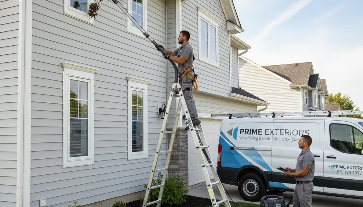 Professional gutter cleaning on vinyl siding home in Brooklyn, NY by Next Level Exteriors