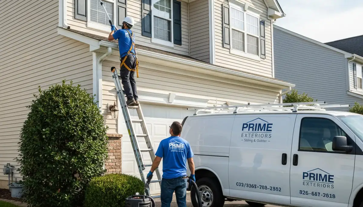 Professional gutter cleaning on vinyl siding home in Brooklyn, NY by Next Level Exteriors crew