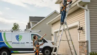 Technician performing gutter inspection on vinyl siding home in Brooklyn, NY