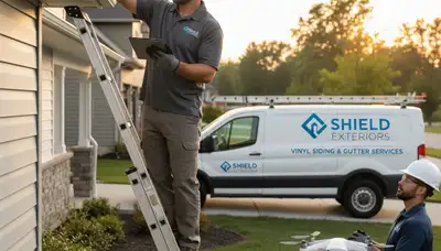 Technician performing gutter inspection on vinyl siding home in Brooklyn NY