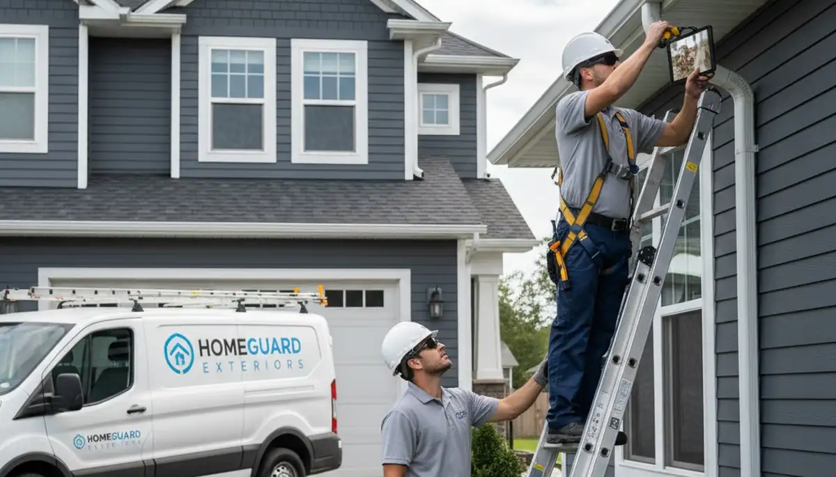 Technician performing gutter inspection on vinyl siding home in Brooklyn, NY