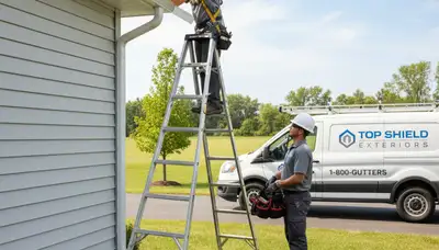 Technician performing gutter repair on vinyl siding home in Brooklyn, NY