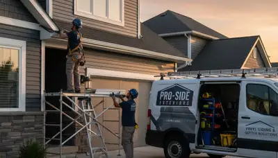 Technician performing vinyl siding and gutter repair on Brooklyn NY home exterior