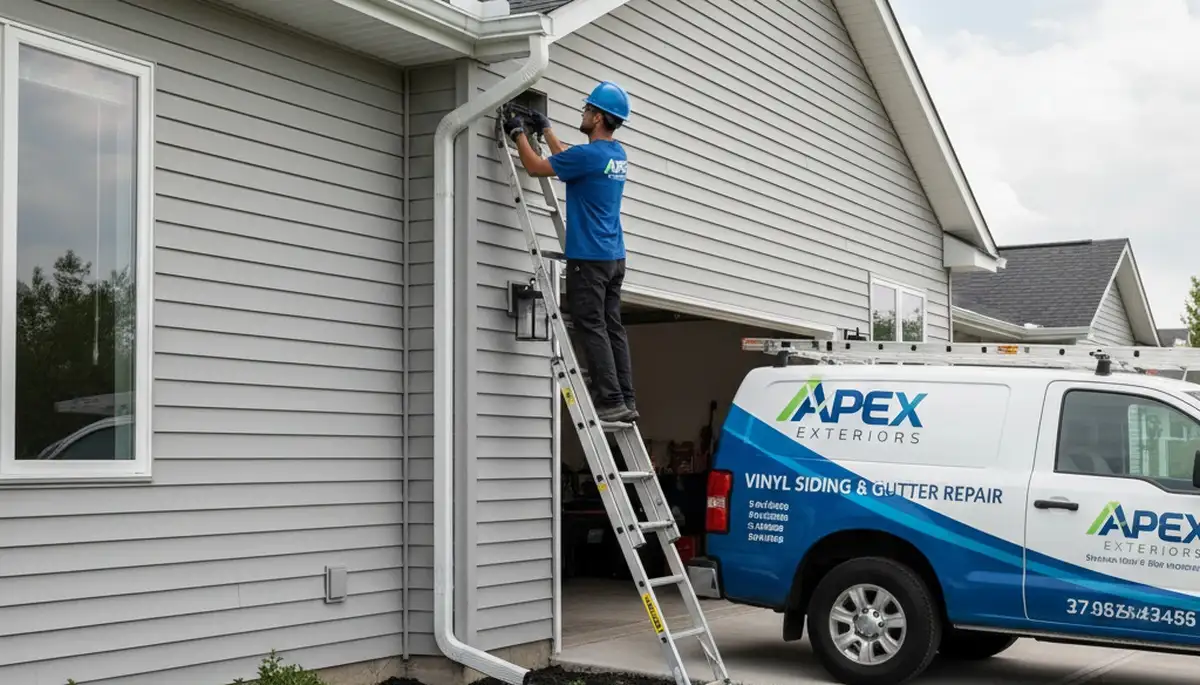 Technician repairing home gutter system in Brooklyn NY for Next Level Exteriors vinyl siding service
