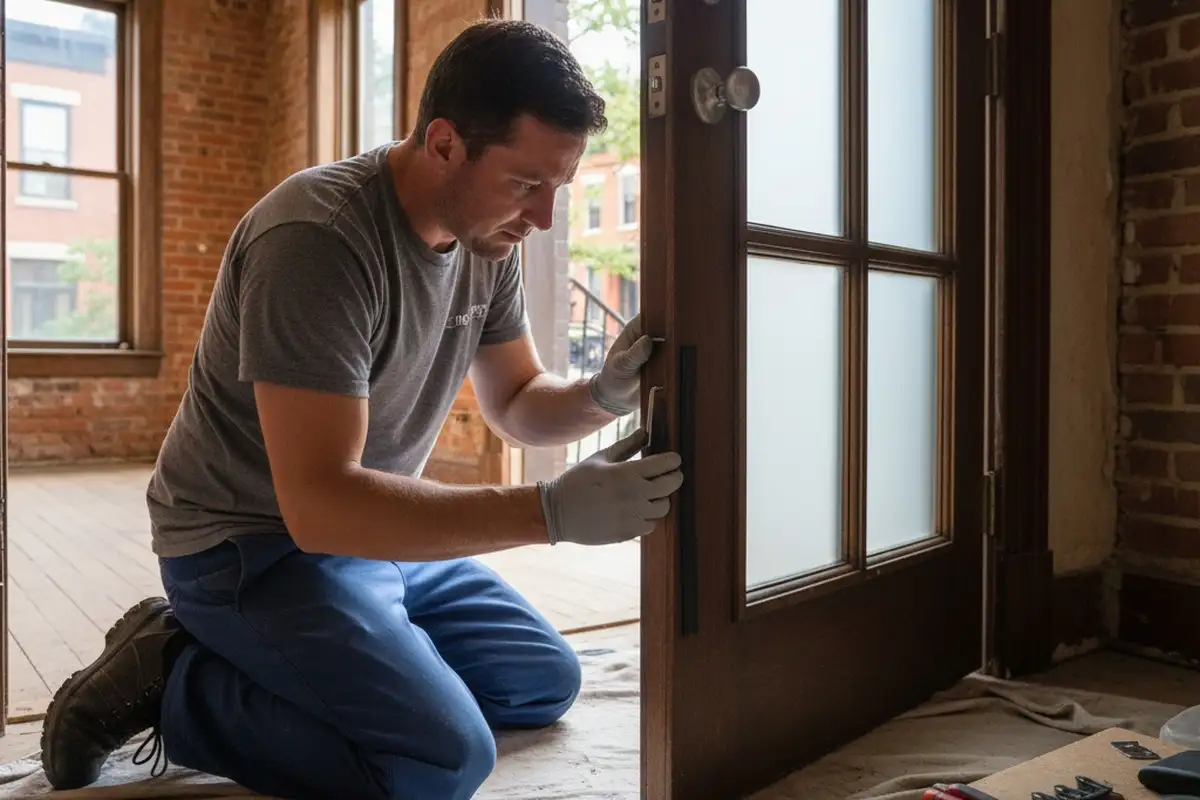 Technician performing precise door installation detail work at Brooklyn, NY home for vinyl-siding service.