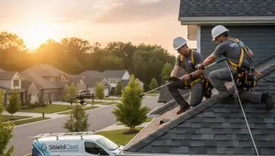 Roof inspection expert examining shingles on Brooklyn NY home exterior for Next Level Exteriors
