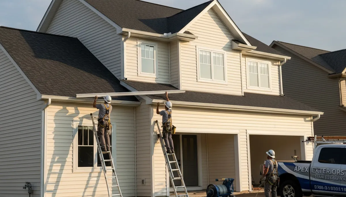 Seamless gutter installation on Brooklyn, NY brownstone by vinyl-siding experts at Next Level Exteriors