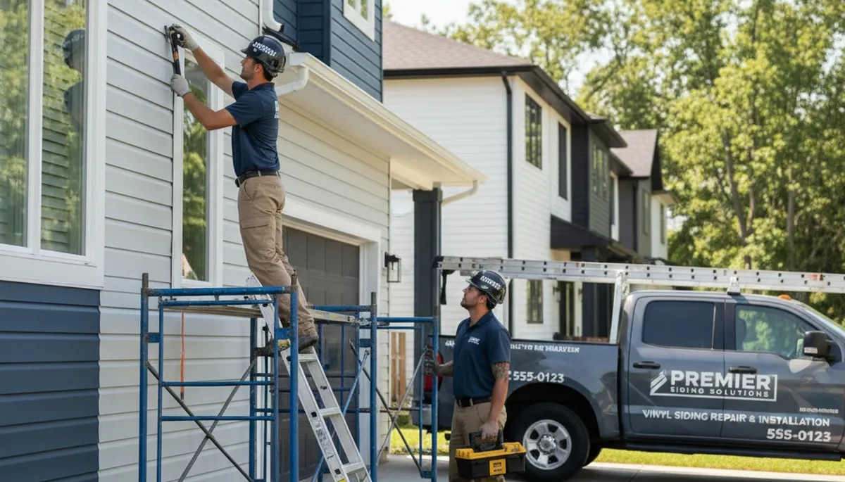 Technician repairing damaged vinyl siding on Brooklyn NY home exterior by Next Level Exteriors