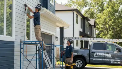 Technician repairing damaged vinyl siding on Brooklyn NY home exterior by Next Level Exteriors