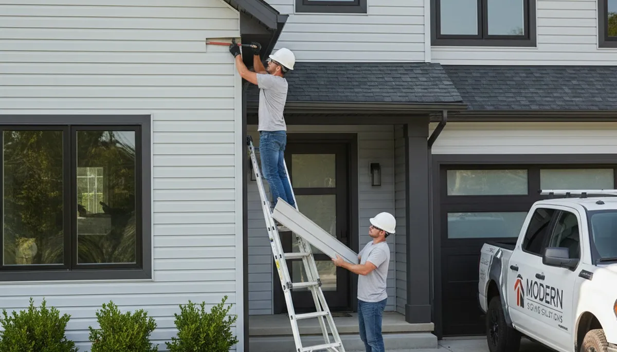 Technician repairing cracked vinyl siding on Brooklyn NY home exterior