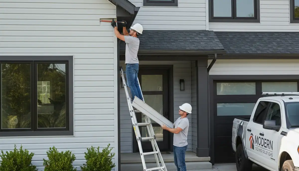 Technician repairing cracked vinyl siding on Brooklyn NY home exterior
