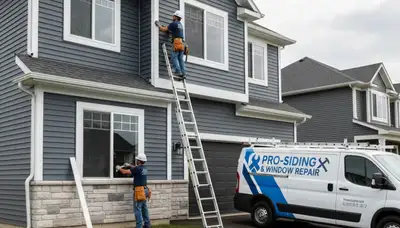 Technician repairing residential window frame and siding in Brooklyn, NY for Next Level Exteriors