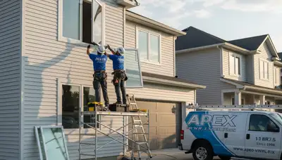 Technician repairing residential window frame in Brooklyn NY for vinyl siding home exterior service